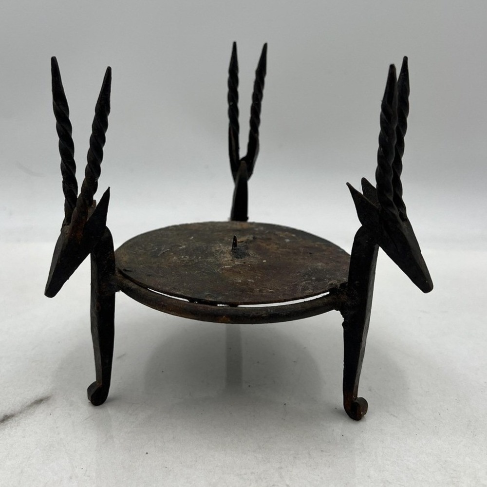 Vintage Wrought Iron Candle Holder Gazelle Antelope Tripod Brutalist Metal Art
